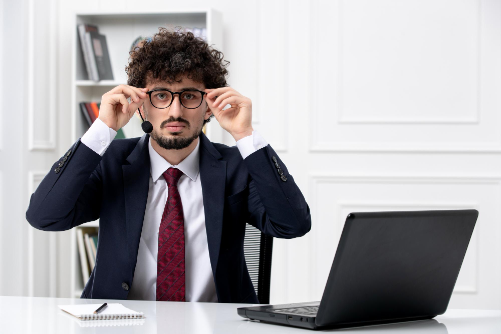 Customer service handsome young guy in office suit with laptop and headset putting glasses on