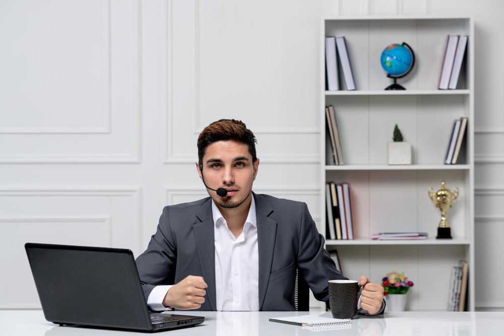 Customer service cute handsome guy in office suit with computer with the headset and cup