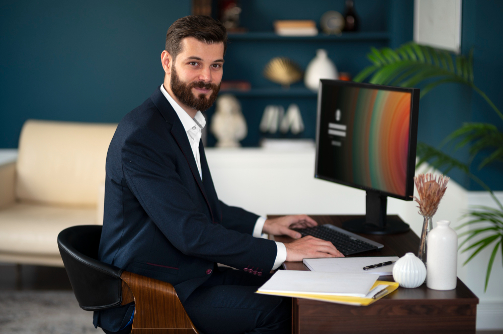 Side view man working at desk 